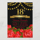 Invitation Red Black Gold 18th Birthday Party<br><div class="desc">Invitation à la fête des filles de 18e anniversaire avec de beaux numéros d'or et des bannières sur un joli arrière - plan floral rouge noir et or rose. Cette élégante invitation moderne à la fête du 18e anniversaire, rouge et or, est facilement customisée pour votre événement en ajoutant simplement...</div>