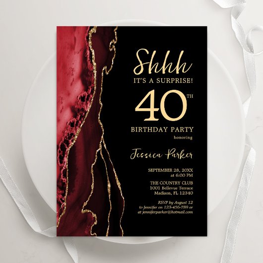Invitation Red Black Gold Agate Surprise 40e anniversaire