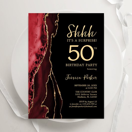 Invitation Red Black Gold Agate Surprise 50e anniversaire