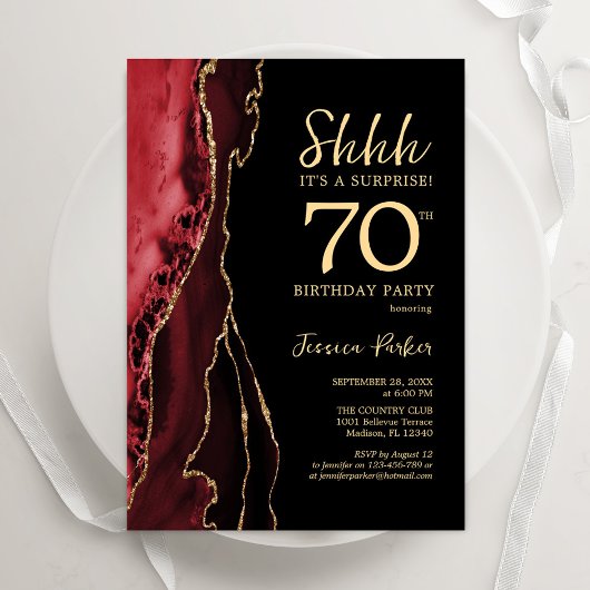 Invitation Red Black Gold Agate Surprise 70e anniversaire