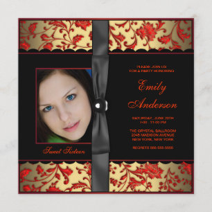Invitation Red Black Gold Damask Photo Sweet 16 Party