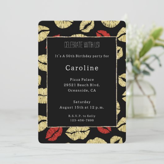 Invitation Red Black Gold Lips 50e anniversaire (Debout devant)