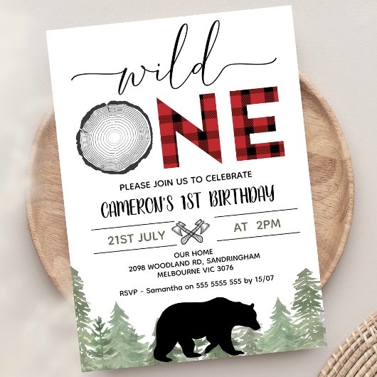 Invitation Red Black Green Wild One Lumberjack 1er anniversai