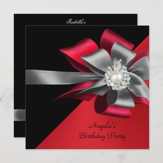Invitation Red Black Grey Argent Bow Pearl fête d'anniversair (Devant / Derrière)