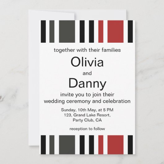 Invitation Red Black Gris Vertical Stripes Plage Mariage (Devant)