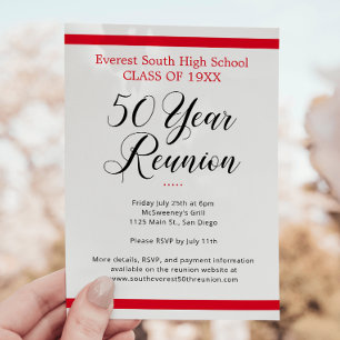 Invitation Red Black Minimaliste 50 Year Class Réunion