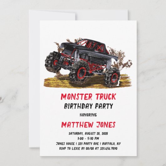 Invitation Red Black Monster Camion Anniversaire Fête Invitat (Devant)