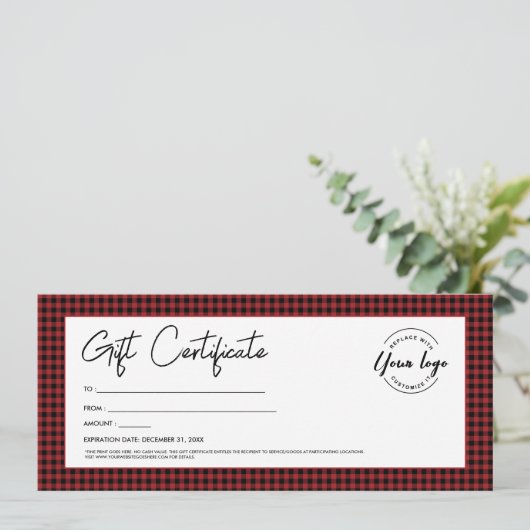 Invitation Red Black plaid Votre logo Certificat cadeau de va (Debout devant)