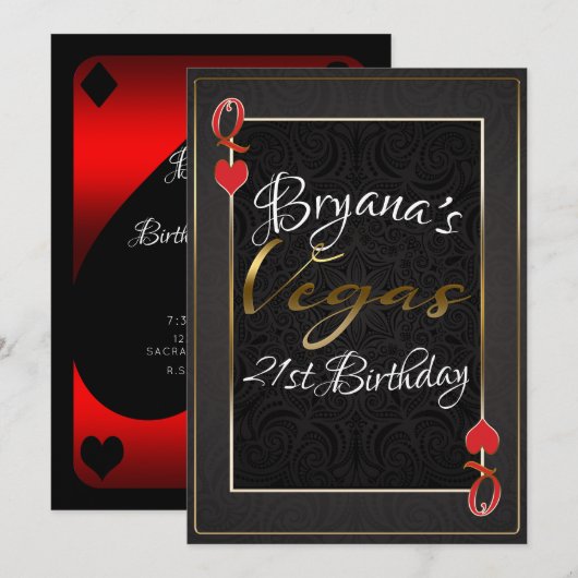 Invitation Red Black Queen of Hearts Vegas 21e anniversaire (Devant / Derrière)