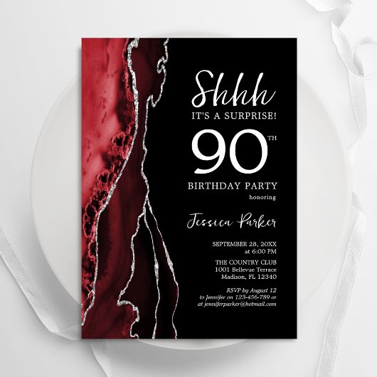 Invitation Red Black Silver Agate Surprise 90e anniversaire
