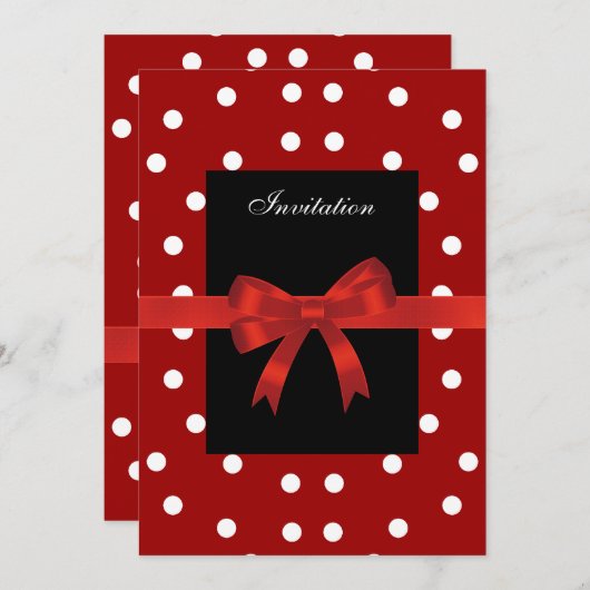 Invitation Red Black Spots Blanc Red Bows (Devant / Derrière)