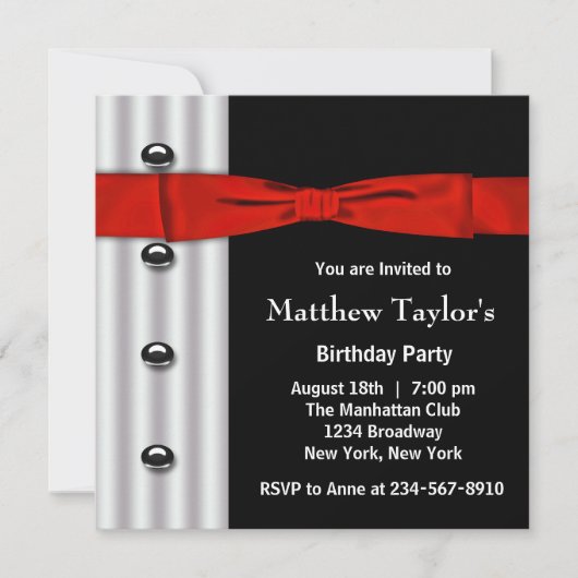 Invitation Red Black Tuxedo Bow Cravate Hommes Anniversaire F (Devant)