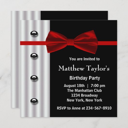 Invitation Red Black Tuxedo Bow Cravate Hommes fête d'anniver (Devant / Derrière)