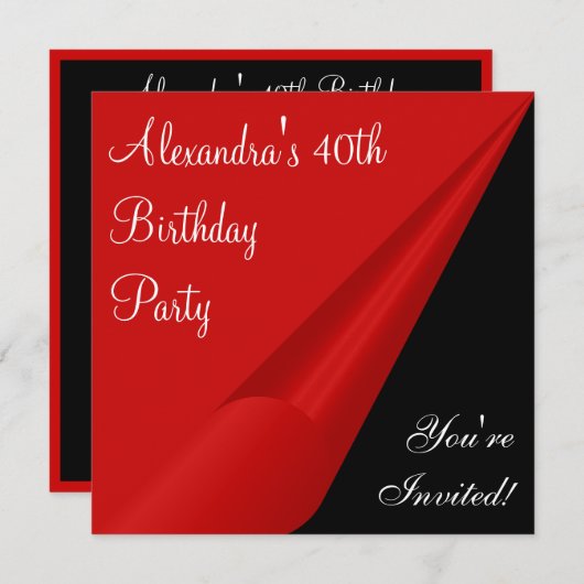 Invitation Red Black & White 40th Birthday Party (Devant / Derrière)