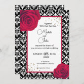 Invitation Red Black & White mariage damassé (Devant / Derrière)