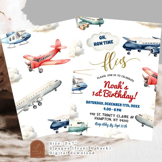 Invitation Red Blue avion premier anniversaire garçon