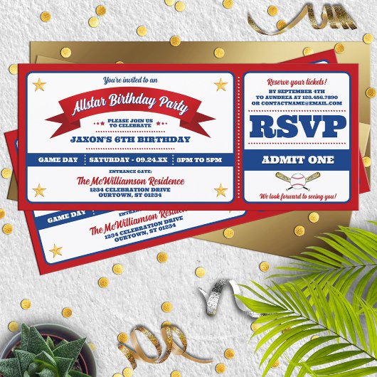 Invitation Red & Blue Baseball Allstar Ticket Birthday