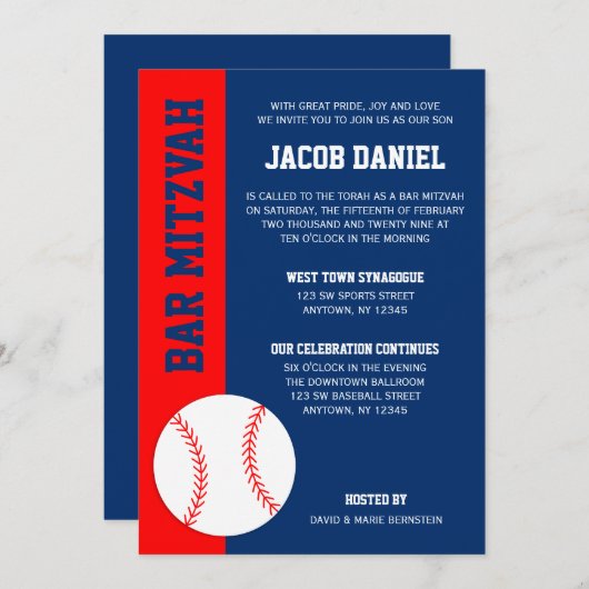 Invitation Red Blue Baseball Bar Mitzvah (Devant / Derrière)