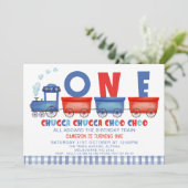 Invitation Red Blue Chugga Chugga Train 1er anniversaire (Debout devant)