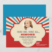 Invitation Red Blue Circus à thème 10e anniversaire (Devant / Derrière)