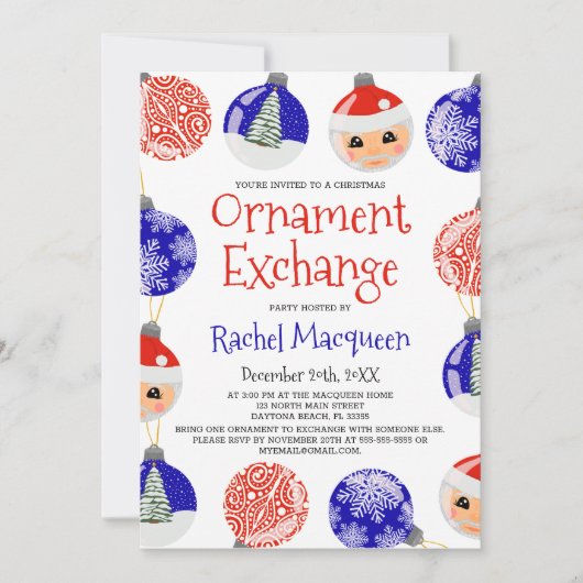 Invitation Red Blue Cute Ornament Baubles Exchange Christmas (Devant)