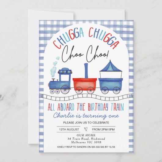 Invitation Red Blue En vichy Chugga Chugga Train 1er annivers (Devant)