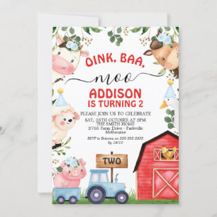 Invitation Red Blue Farm Grange Tracteur Anniversaire
