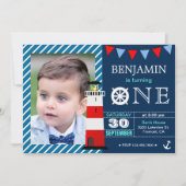 Invitation Red Blue Nautical Baby Boy 1er fête d'anniversaire (Devant)