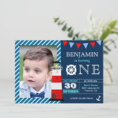 Invitation Red Blue Nautical Baby Boy 1er fête d'anniversaire (Debout devant)