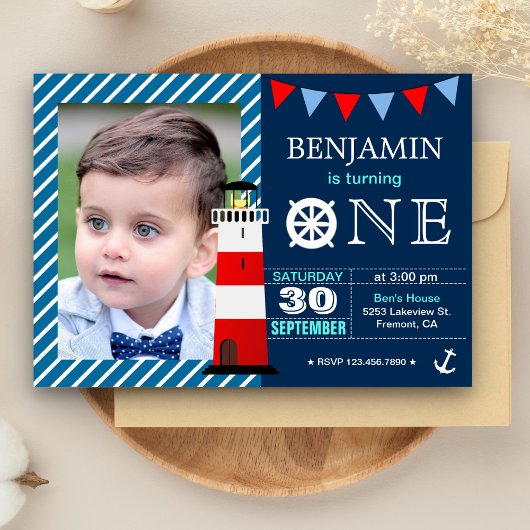 Invitation Red Blue Nautical Baby Boy 1er fête d'anniversaire