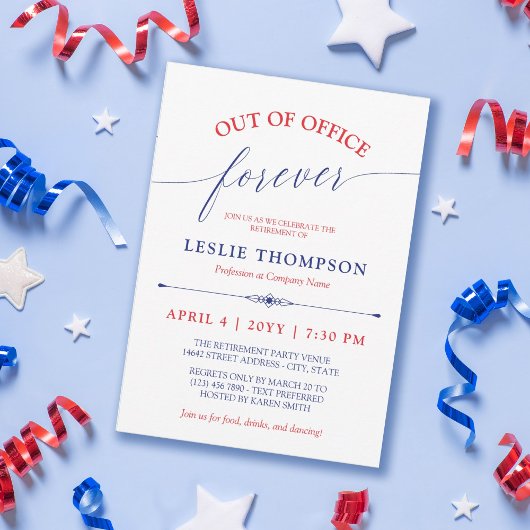 Invitation Red Blue Out of Office Forever Retirement Party