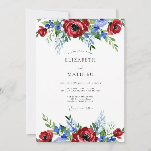 Invitation Red Blue Painterly Summer Wedding (Devant)