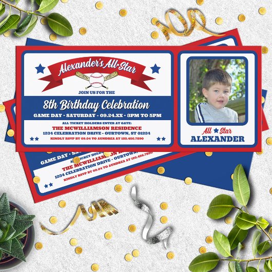 Invitation Red & Blue Photo Baseball Game Ticket Birthday