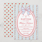 Invitation Red & Blue Vintage Fancy Floral Baptism (Devant / Derrière)