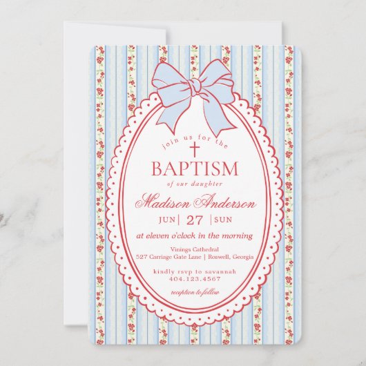 Invitation Red & Blue Vintage Fancy Floral Baptism (Devant)