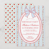Invitation Red & Blue Vintage Fancy Floral Birthday Party (Devant / Derrière)