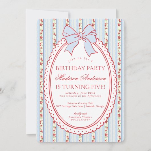 Invitation Red & Blue Vintage Fancy Floral Birthday Party (Devant)