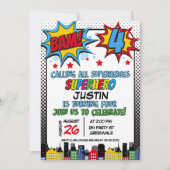 Invitation Red Blue Yellow Bam Superhero 4e anniversaire (Devant)
