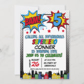 Invitation Red Blue Yellow Bam Superhero 5e anniversaire (Devant)
