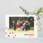 Invitation Red Blue Yellow Confetti Photo Happy Holidays Card (Debout devant)