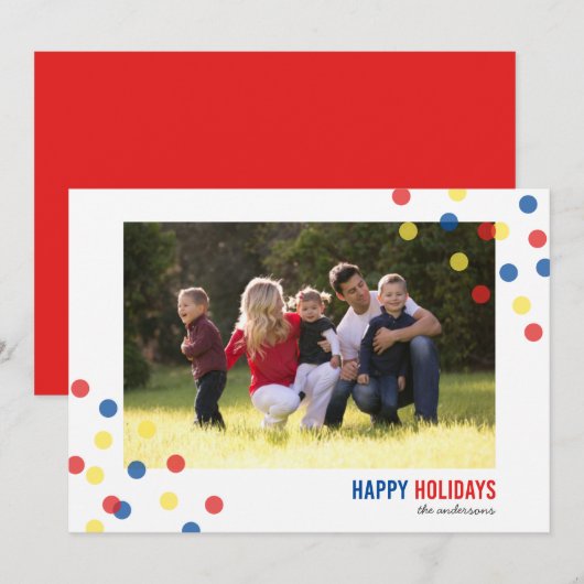 Invitation Red Blue Yellow Confetti Photo Happy Holidays Card (Devant / Derrière)