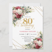 Invitation Red blush roses chic gold accent card 80th birthda (Devant)