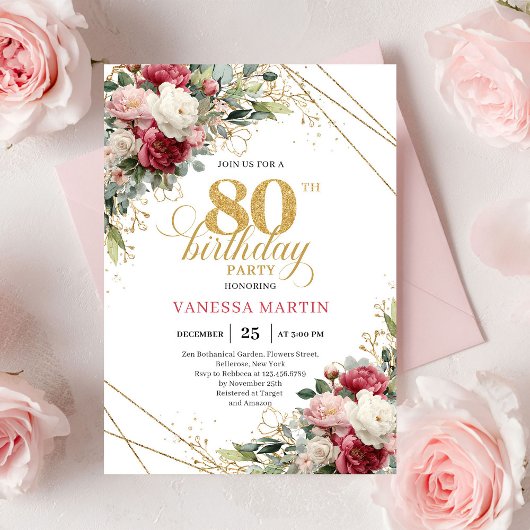 Invitation Red blush roses chic gold accent card 80th birthda