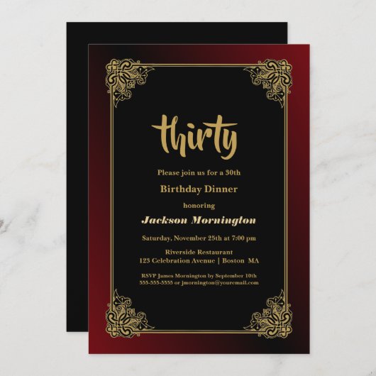Invitation Red Border Black 30th Birthday Dinner (Devant / Derrière)