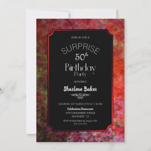 Invitation Red Border Black Surprise 50e fête d'anniversaire (Devant)