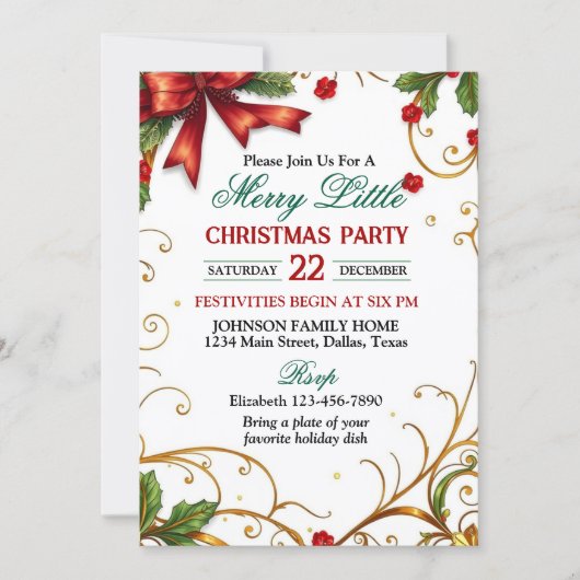 Invitation Red Bow and Ornate Gold Border Christmas Party (Devant)