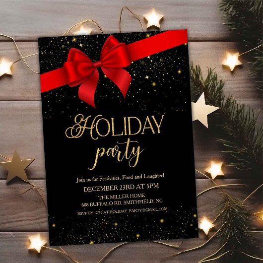 Invitation Red Bow Black & Gold Parties scintillant Holiday