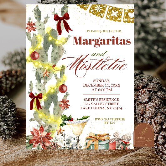 Invitation Red bow Cactus Christmas Margaritas and Mistletoe