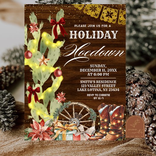Invitation Red Bow Cactus Wild West Holiday Hoedown