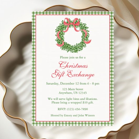 Invitation Red Bow Christmas Boxwood Wreath Party